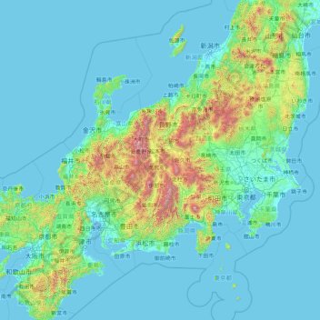Mapa topográfico 長野県, altitud, relieve