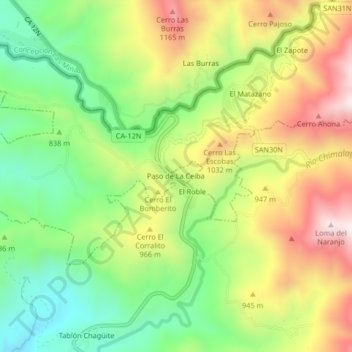 Mapa topográfico Paso de La Ceiba, altitud, relieve