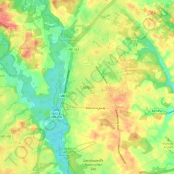 Mapa topográfico Crofton, altitud, relieve