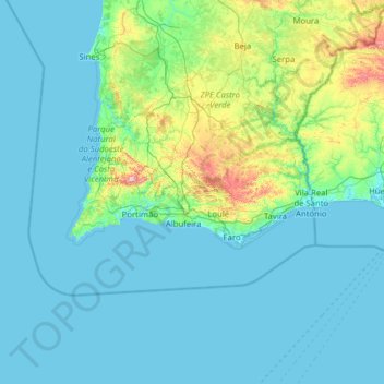 Mapa topográfico Algarve, altitud, relieve
