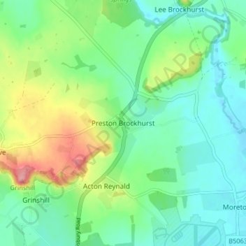 Mapa topográfico Preston Brockhurst, altitud, relieve
