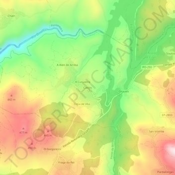 Mapa topográfico Calvos, altitud, relieve