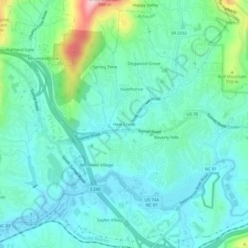 Mapa topográfico Haw Creek, altitud, relieve