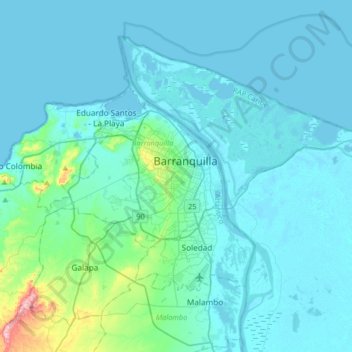 Mapa topográfico Barranquilla, altitud, relieve
