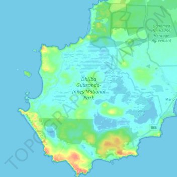 Mapa topográfico Dhilba Guuranda-Innes National Park, altitud, relieve