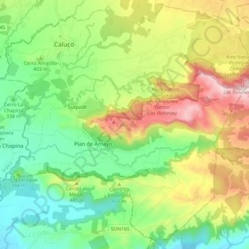 Mapa topográfico Caluco, altitud, relieve