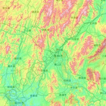 Mapa topográfico Guilin, altitud, relieve