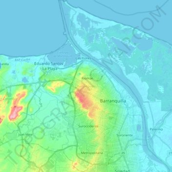 Mapa topográfico Barranquilla, altitud, relieve