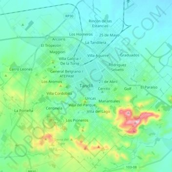 Mapa topográfico Tandil, altitud, relieve
