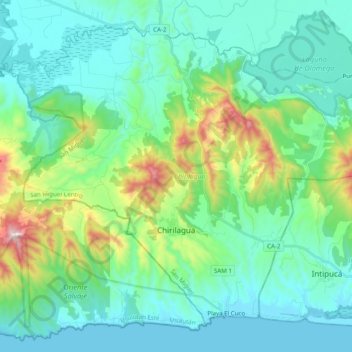 Mapa topográfico Chirilagua, altitud, relieve