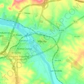 Mapa topográfico Mérida, altitud, relieve