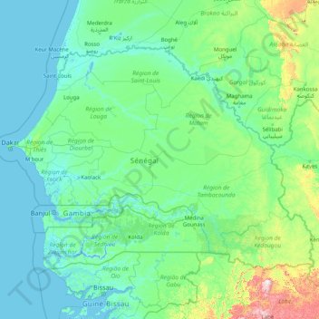 Mapa topográfico Senegal, altitud, relieve
