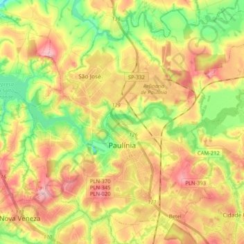 Mapa topográfico Paulínia, altitud, relieve