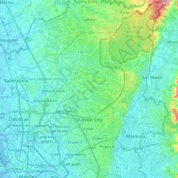 Mapa topográfico Ciudad Quezón, altitud, relieve