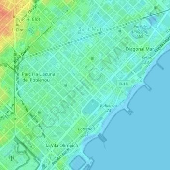 Mapa topográfico el Poblenou, altitud, relieve