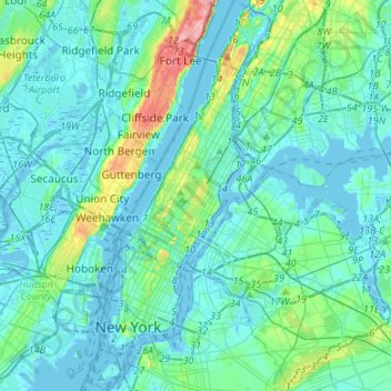 Mapa topográfico Manhattan, altitud, relieve
