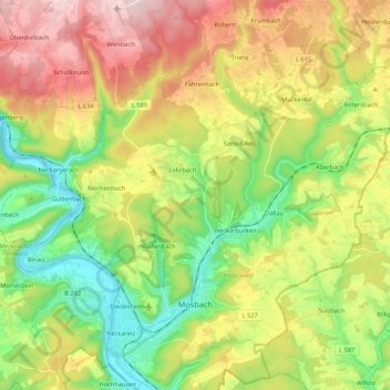 Mapa topográfico Mosbach, altitud, relieve