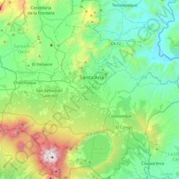 Mapa topográfico Santa Ana Centro, altitud, relieve