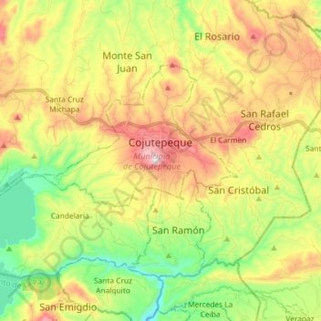 Mapa topográfico Municipio de Cojutepeque, altitud, relieve