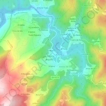 Mapa topográfico Pontedeva, altitud, relieve