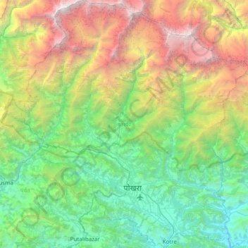 Mapa topográfico Kaski, altitud, relieve