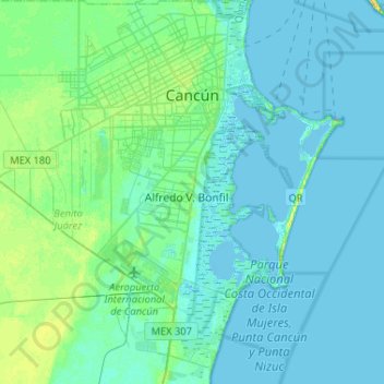 Mapa topográfico Cancún, altitud, relieve
