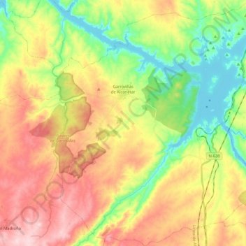 Mapa topográfico Garrovillas de Alconétar, altitud, relieve