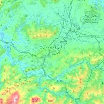 Mapa topográfico Oviedo, altitud, relieve