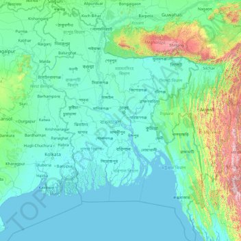 Mapa topográfico Bangladés, altitud, relieve