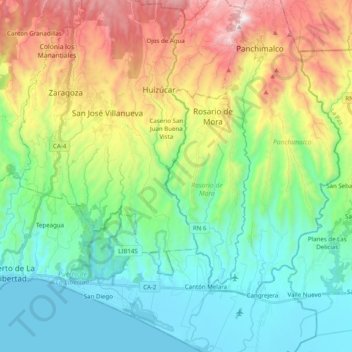 Mapa topográfico Río Huiza, altitud, relieve