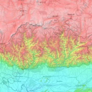 Mapa topográfico Bután, altitud, relieve