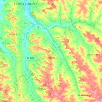 Mapa topográfico Jegun, altitud, relieve