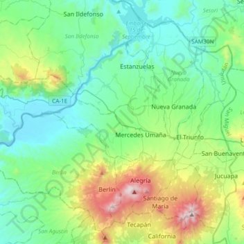 Mapa topográfico Usulután Norte, altitud, relieve