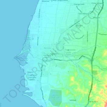 Mapa topográfico Couva, altitud, relieve