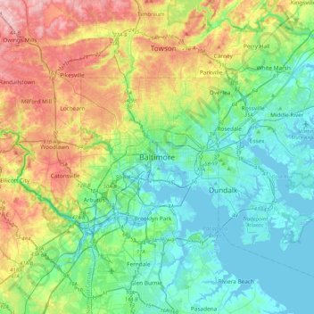 Mapa topográfico Baltimore, altitud, relieve