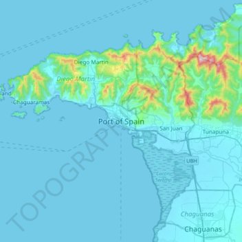 Mapa topográfico Puerto España, altitud, relieve