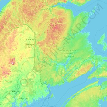 Mapa topográfico Nuevo Brunswick, altitud, relieve