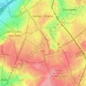 Mapa topográfico Ixelles - Elsene, altitud, relieve