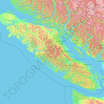 Mapa topográfico Vancouver Island, altitud, relieve