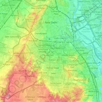 Mapa topográfico Nueva Delhi, altitud, relieve