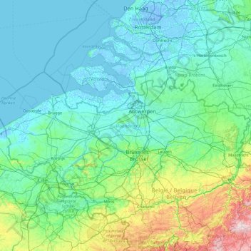 Mapa topográfico Flandes, altitud, relieve