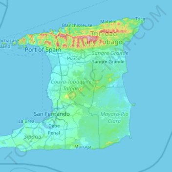 Mapa topográfico Trinidad, altitud, relieve