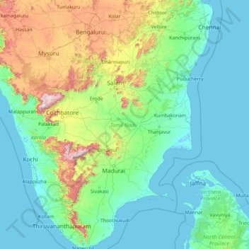 Mapa topográfico Tamil Nadu, altitud, relieve
