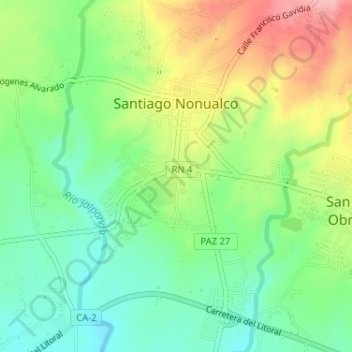 Mapa topográfico Santiago Nonualco, altitud, relieve